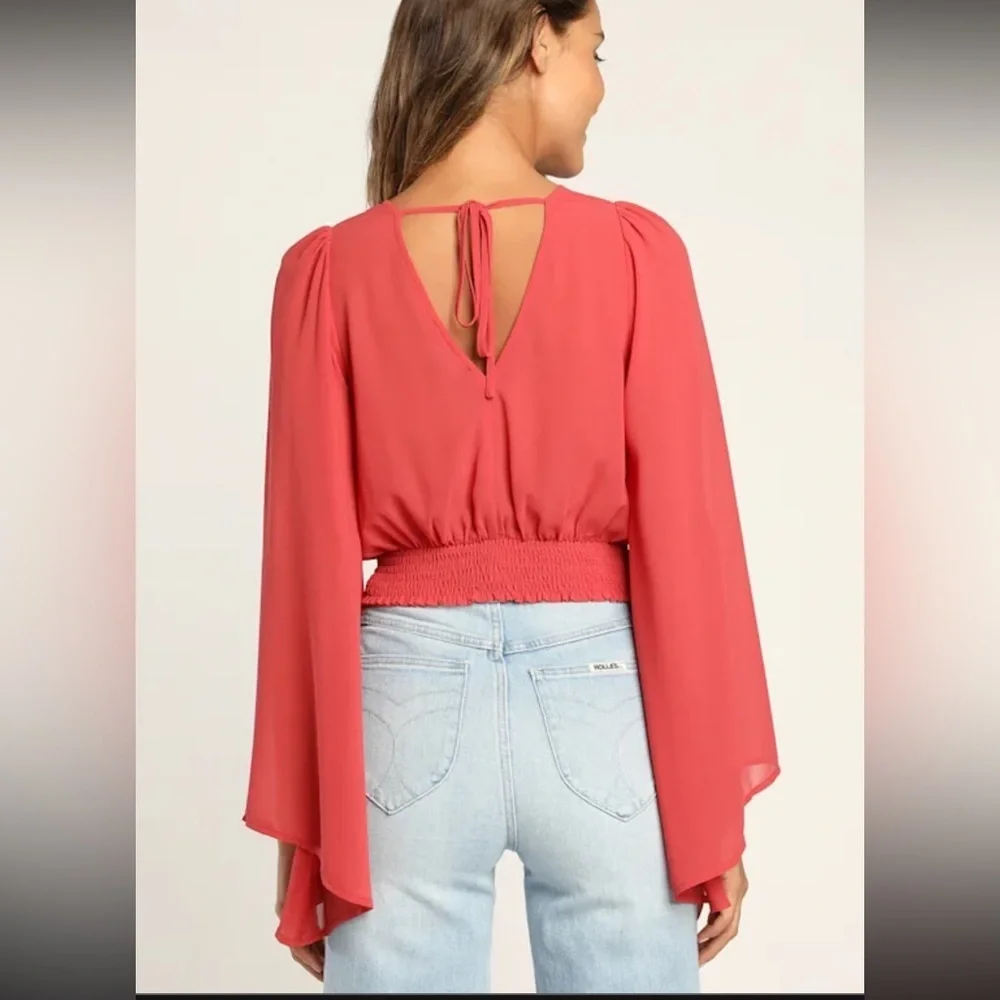 NWOT Lulus Loving Aura Coral Red Smocked Long Flutter Sleeve Top - Picture 2 of 8